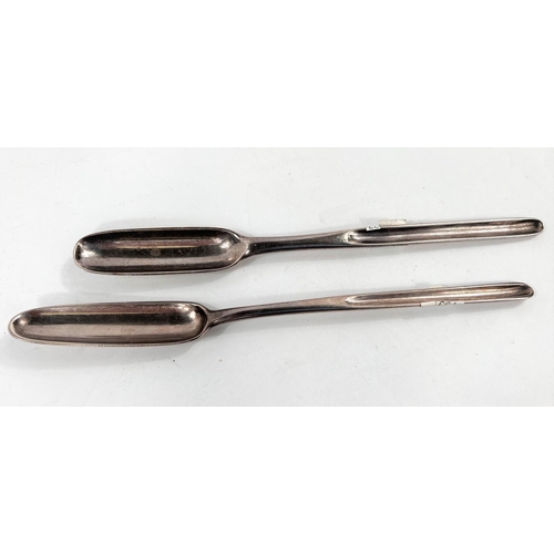 753 - Two 18th century silver marrow scoops, 1 London 1797, 1 marks worn; a meat skewer by Stephen Adams J... 