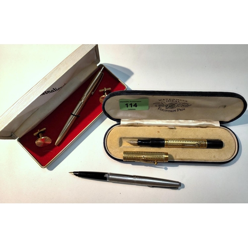 114 - A Waterman gilt metal fountain pen in original box; a Schaeffer stainless steel fountain pen, boxed;... 