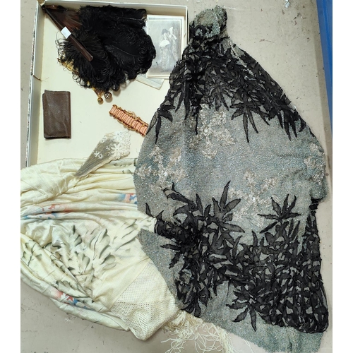 119 - A 1930's beadwork cocktail dress (a.f.); a printed silk shawl; an ostrich feather fan; etc.