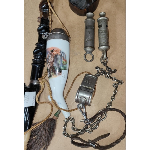 122 - Two police whistles; a 'Thunderer' sports whistle; a Bavarian porcelain pipe; etc.