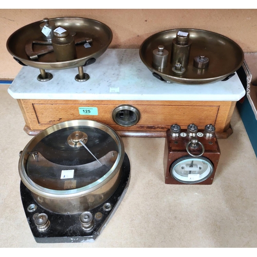 125 - A set of marble top scales and various weights; a brass voltmeter; etc.