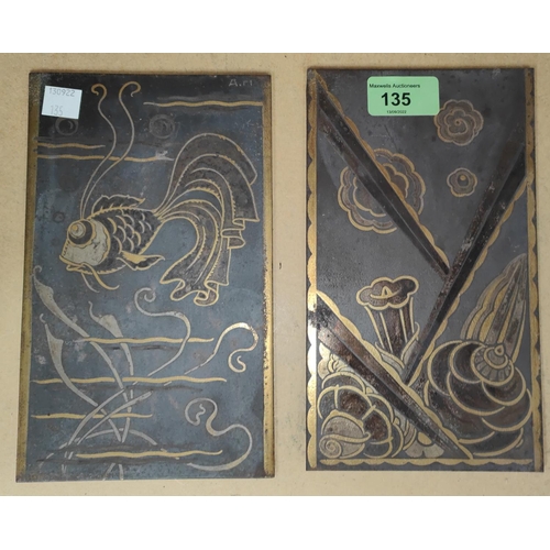 135 - Two Art Deco unusual metal panels, one depicting a fish, the other shells, etc., one lettered 'Aori'... 