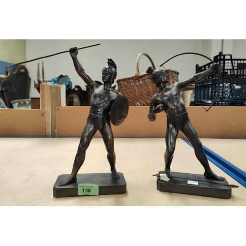 138 - Two bronze figures of classical warriors, one with spear & shield, the other with bow & arro... 