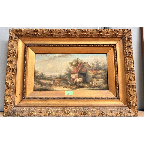 29 - 19th century rural scenes with figures of animals outside cottages, pair of oil on canvases, unsigne... 