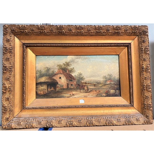 29 - 19th century rural scenes with figures of animals outside cottages, pair of oil on canvases, unsigne... 