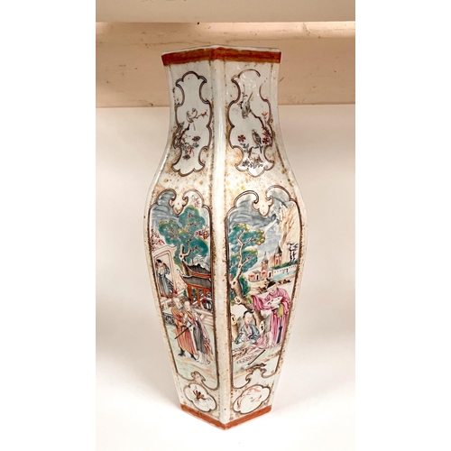 475 - A Chinese hexagonal vase with finely detailed scenes of various activities, height 37cm (chip and ha... 