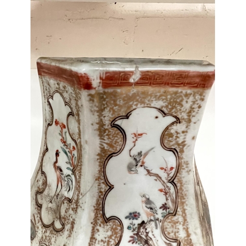 475 - A Chinese hexagonal vase with finely detailed scenes of various activities, height 37cm (chip and ha... 