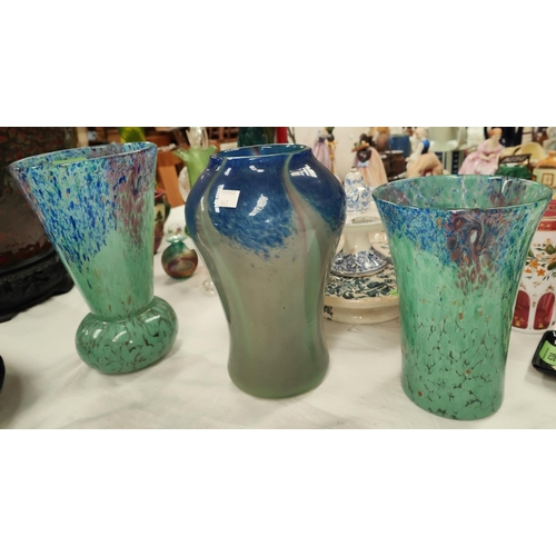 543 - Three Scottish 'Monart' style glass vases in mottled blues/greens, etc., 1 x 21cm, 2 x 25cm