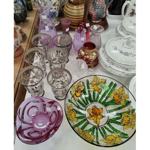 556 - A selection of coloured glassware; 6 silver overlaid tumblers