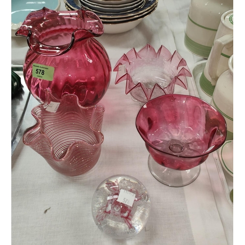 578 - Four pieces of Cranberry glass