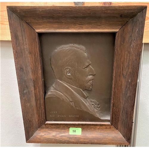 58 - A relief bronze plaque in oak frame, side view head and shoulders of Sir Evan Spicer, 27.5 x 20cm