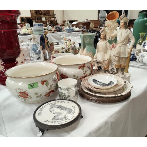 584 - A Victorian pair of potties decorated with flowers; a blue & white warming dish and other blue a... 