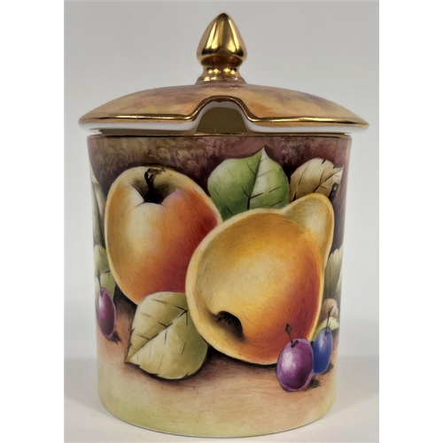 593 - A Coalport preserve pot hand painted with fruit, signed L Dale, height 11cm; a Dresden dish