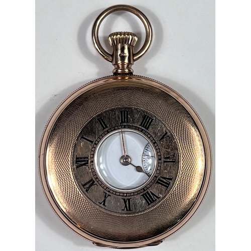 604 - A Waltham keyless half hunter pocket watch in 9 carat hallmarked gold, with engine turned decoration... 