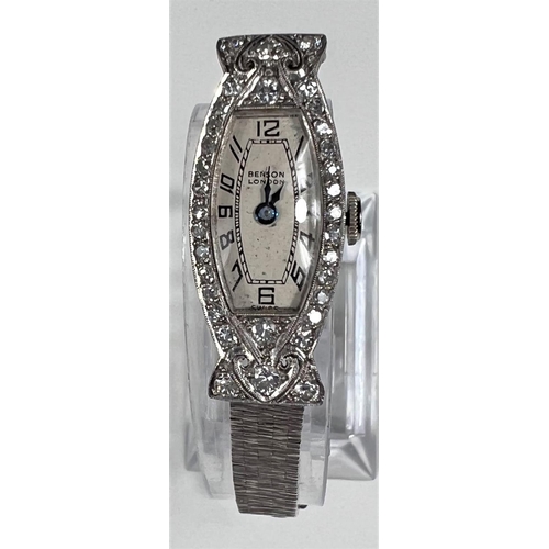 606 - A ladies Art Deco cocktail watch in 9 carat hallmarked white gold, by Benson, London, the bezel and ... 