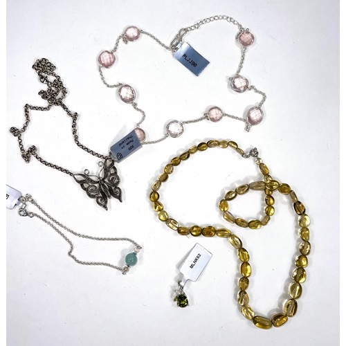 666 - A Rose quartz and hallmarked silver necklace; a Red Dragon Peridot and white zircon and hallmarked s... 