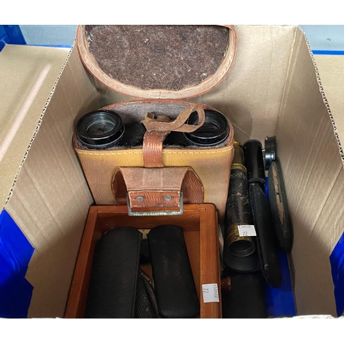 72 - A pair of 6 x 30 binoculars, Canadian military issue, cased; a brass 3 drawer telescope; other colle... 