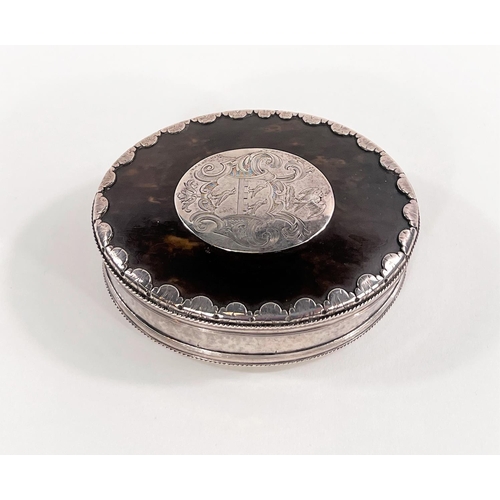 730 - An 18th century white metal and tortoiseshell oval trinket box with detachable lid, crested and orna... 