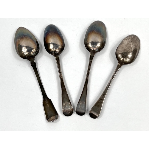 748 - Three 18th century Hanoverian crested silver tablespoons, London 1733, 1755 & 1740, various make... 