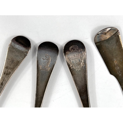 748 - Three 18th century Hanoverian crested silver tablespoons, London 1733, 1755 & 1740, various make... 