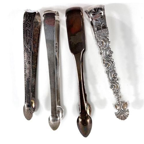 758 - Four pairs of silver sugar tongs, one London 1785 by Thomas Wallis, others various dates/assay offic... 
