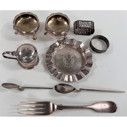 761 - A pair of silver salts, London 1764; a mustard pot Birmingham 1941; a Georgian silver fork; a Scotti... 