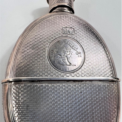 771 - A silver hip flask and stirrup cup with engine turned decoration and circular crest 'Suum Cuique' wi... 