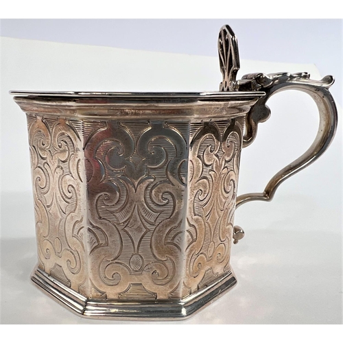 786 - A mid Victorian hexagonal mustard pot, engraved decoration, pierced thumbpiece, London, E, E & J... 