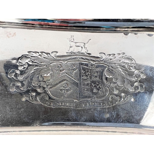 791 - A late George III silver snuffer tray with cast border decorated with flowers, engraved armorial, Sh... 