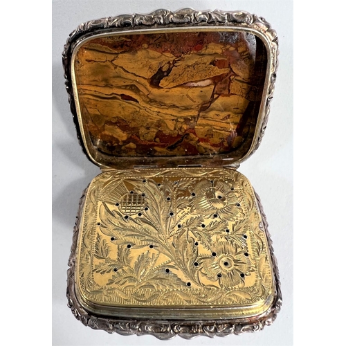 792 - An 18th century JACOBITE Scottish silver gilt vinaigrette inset polished agates to top and rounded b... 