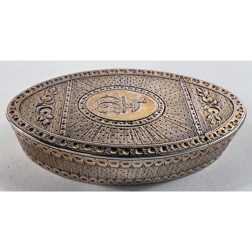 795 - A late Georgian oval silver gilt snuff box with engraved decoration, makers mark PC (not identified)... 