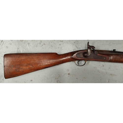 80 - A muzzle loading percussion cap rifle, stamped 2160 to stock, sight to barrel, full length 142cm