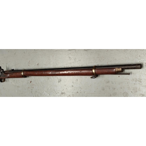 80 - A muzzle loading percussion cap rifle, stamped 2160 to stock, sight to barrel, full length 142cm