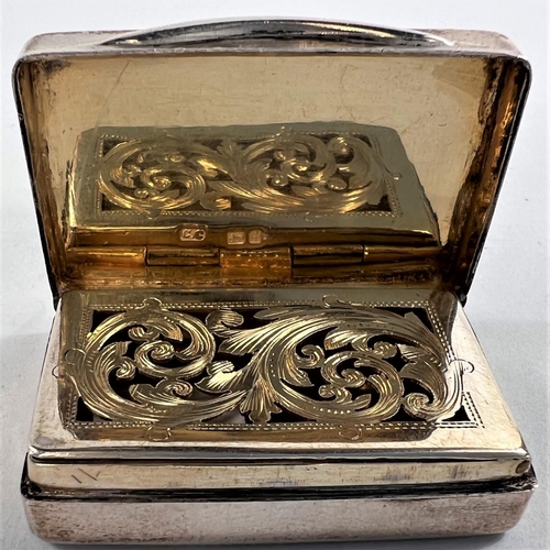 807 - A late Victorian parcel gilt silver vinaigrette of plain rectangular form, engraved decoration, Birm... 