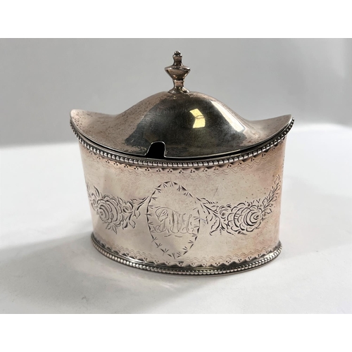 809 - A George III silver Adam style mustard pot, floral engraved and beaded edges, blue glass liner, Lond... 