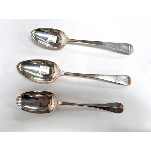 830 - Three hallmarked silver spoons, one mark unclear, possibly London, 1654, 1787,1801, both London 5.4o... 