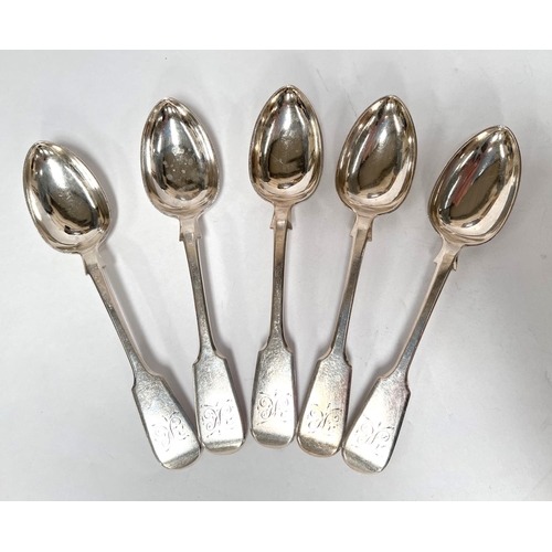 830B - Five 19th century dessert spoons, monogrammed finials, Exeter 1850. 5.4oz