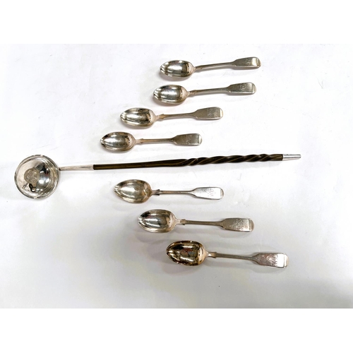 830D - Seven hallmarked silver monogrammed dessert spoons, London 1865, Charles Boyton 4.8oz and a white me... 