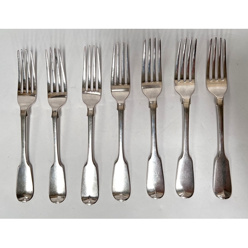 830E - Seven late Georgian/early Victorian forks, mainly London, various dates, six monogrammed with 'R' on... 