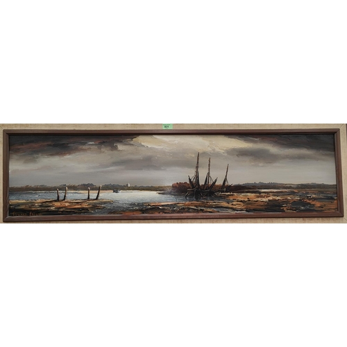 831 - Edward Elliott:  River estuary with beached boats, etc., oil on board, signed, 30/122, framedNo bids... 