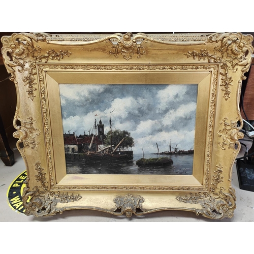 833 - J Van Couver Dutch School: oil on canvas, coastal scene with fishing boats, signed, 25 x 35cm, gilt ... 