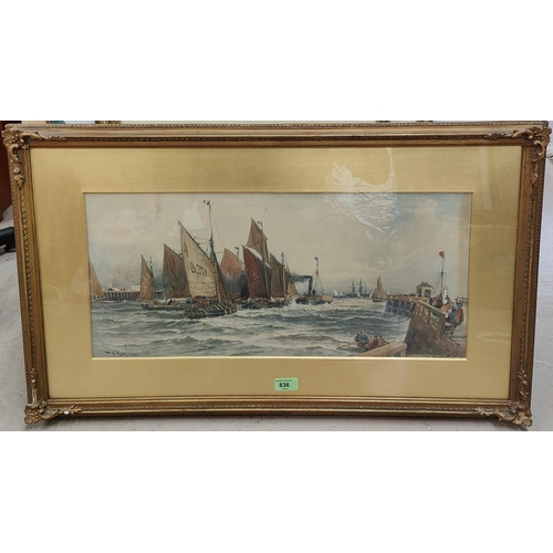 836 - After Thomas Bush Hardy:  chromolithograph fishing vessel, steam tug boat and other vessels in a har... 