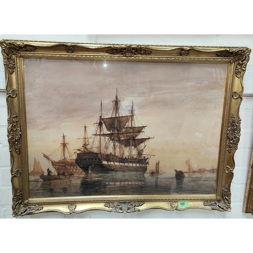 839 - R H Nibbs:  watercolour, partly rigged frigate with another behind, signed, 53 x 73cm, gilt framed