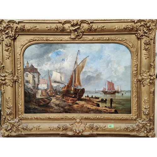 840 - James W Callow:  oil on canvas, coastal scene with fishing boats and shore buildings, 