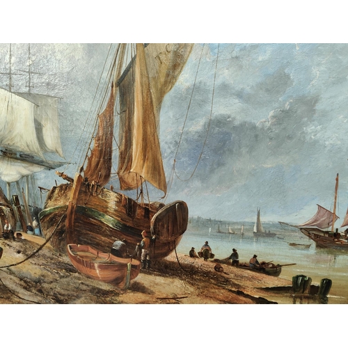 840 - James W Callow:  oil on canvas, coastal scene with fishing boats and shore buildings, 