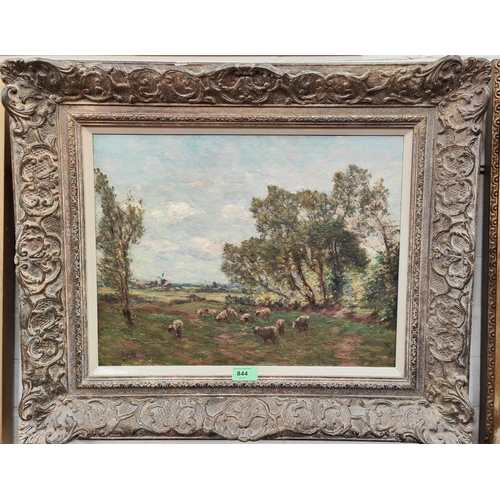 844 - William Charles Rushton 1860-1921:  oil on canvas (relined), impressionist rural scene with sheep an... 