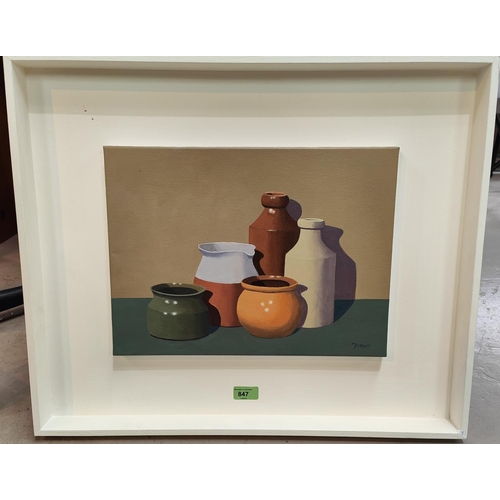 847 - Hugh Frazer:  oil on canvas, still life, contemplation IV, 30 x 40cm, signed 'Frazer', mounted ... 