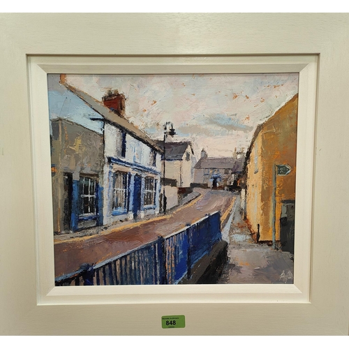 848 - Anne Aspinall:  oil on board, Bridge St, Cemaes, signed with initials, 34 x 39cm, framed