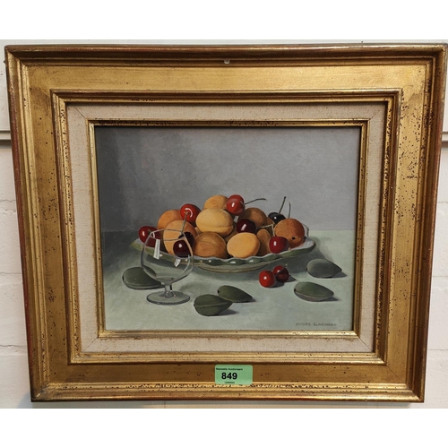 849 - Jacques Blanchard:  oil on board, still life with fruit, signed, 20 x 25cm, framed