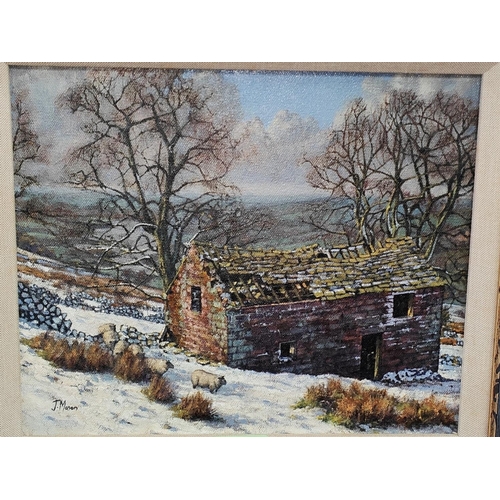 851 - J Mason:  oil on canvas, winter scene with farm building and sheep, signed, 24 x 29cm, framed